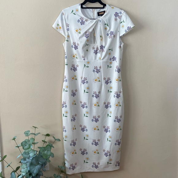 Alexia Admor "janine" Crew neck body-con white floral mid length Dress cut out L - Picture 2 of 8